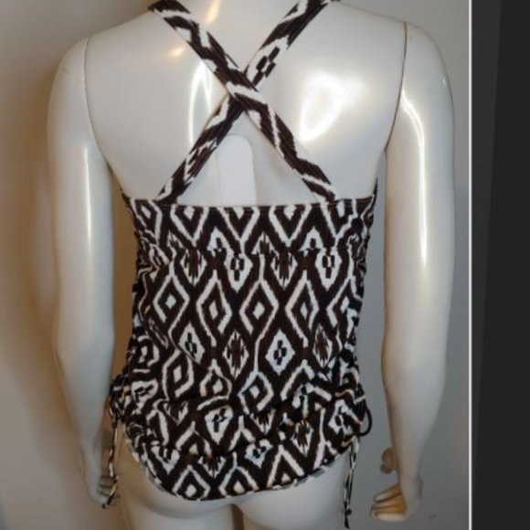 Lands' End Brown White Geometric Tankini Top 10 D - Picture 3 of 4